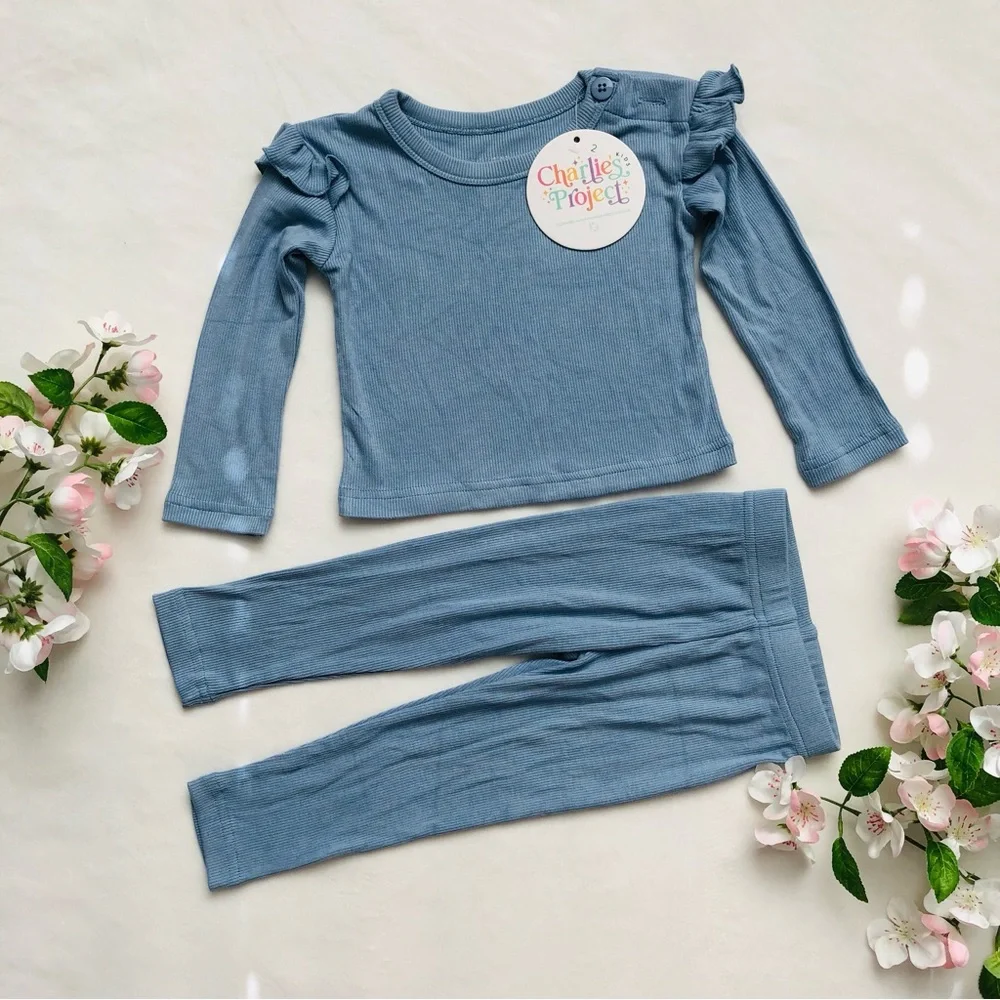 Bamboo Charlie’s Project Baby Ribbed Two-Piece Pajama Set in Dusty Blue, 6-12M